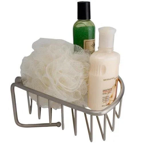 Solid Brass Corner Basket With Hook - Brushed Nickel