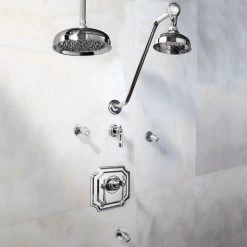 Vintage Pressure Balance Shower System - Dual Shower Heads And 3 Body Sprays - Lever Handle