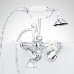 Tub Wall-Mount Telephone Faucet & Hand Shower - Porcelain Cross Handle
