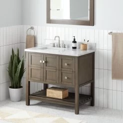 36" Olsen Console Vanity - Ash Brown - BN Hdwe - Undermount - Rectangle - Carrara Marble - 8"