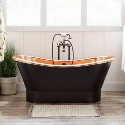 70" Thaine Antique Black Copper Double-Slipper Pedestal Tub - Polished Interior