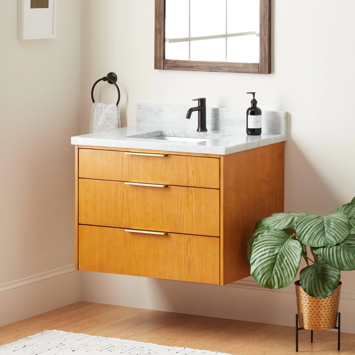 30" Dita Wall-Mount Vanity With Rectangular Undermount Sink - Honey Oak - Image 3