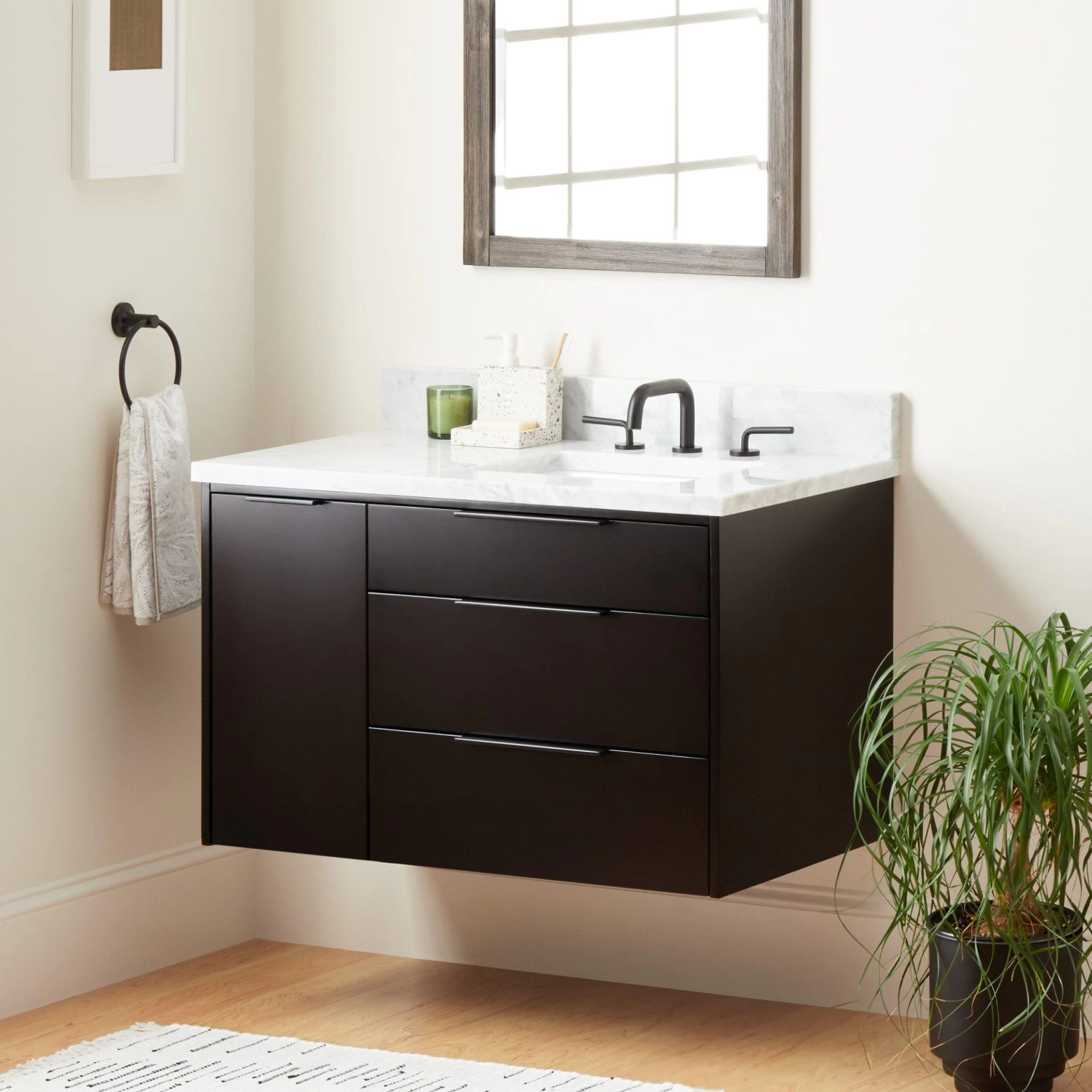 36" Dita Wall-Mount Vanity With Right Offset Rectangular Undermount Sink - Black